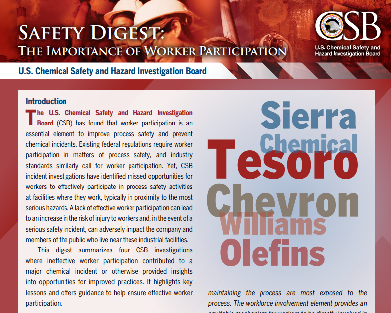 Le CSB publie un nouveau résumé de sécurité sur la participation des travailleurs au processus de prévention des accidents
